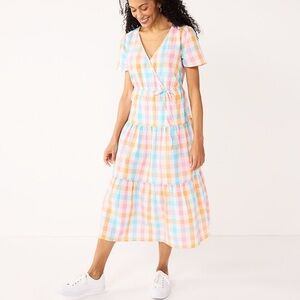 Multi- colored Pastel Easter Checkered Surplice Tiered Midi Dress size XXL NWT